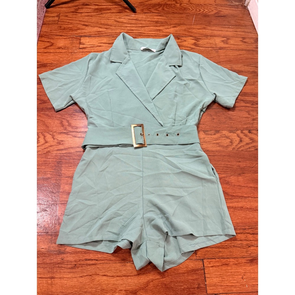 Retro Storets Sage Green Belted Romper Short Sleeve Wrap Front Size S/M